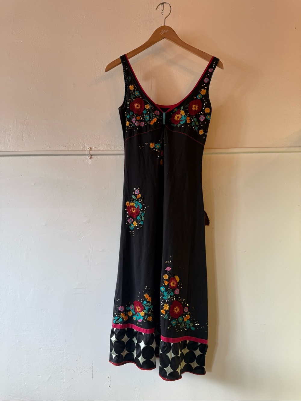 Black Embroidered Floral Midi Dress with Pink Trim